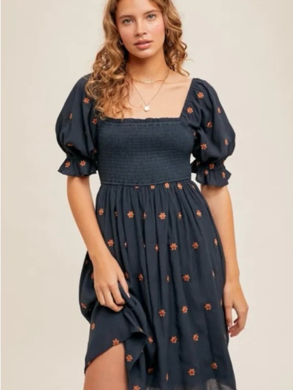 West & Wild Western Bohemian Embroidered Teal Floral Midi Dress Puff Sleeves M